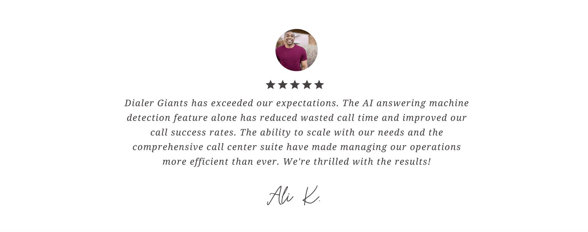 Six-star review praising Dialer Giants' AI answering machine detection and call center suite.